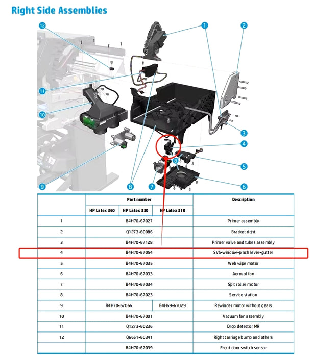 Service Station (SVS) Window Pinch Lever Gutter for the HP Latex 110, 115, 310, 315, 330, 335, 360, 365, 370, 375, 500, 560 (B4H70-67054) - New