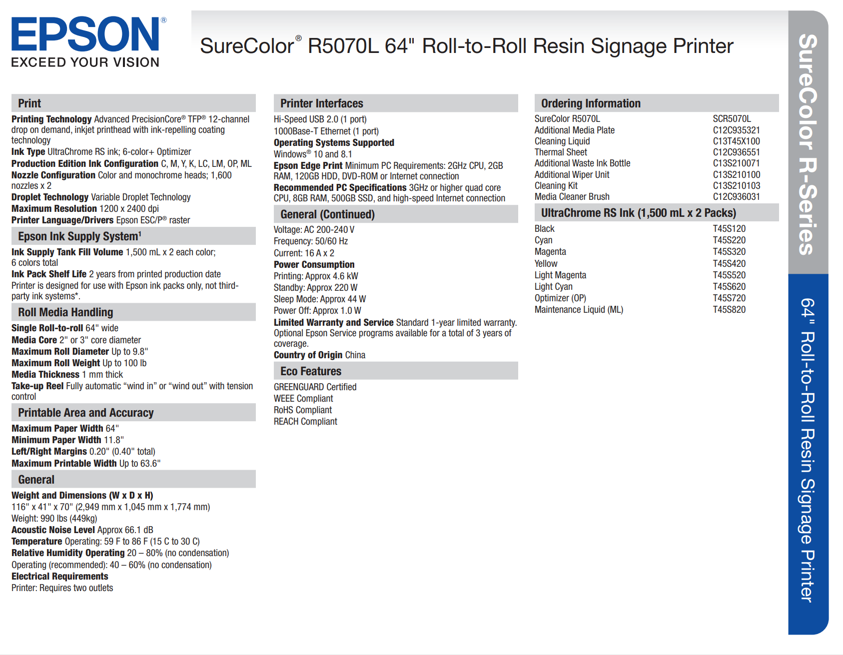 Epson SureColor R5070L 64" Roll-to-Roll Resin Signage Printer - DEMO UNIT