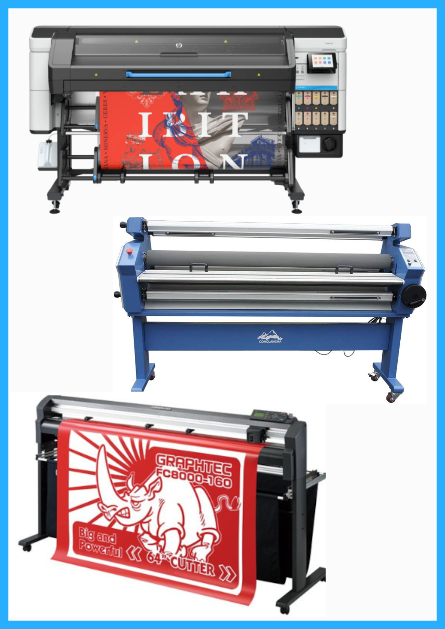 ON SALE - COMPLETE SOLUTION - HP Latex 730W 64" Wide Format Printer - New + 64" Graphtec FC8000-160 Vinyl Cutting Plotter - Refurbished (1 Year Warranty) + 55" Full-Auto Wide Format Cold Laminator with Heat Assisted - New