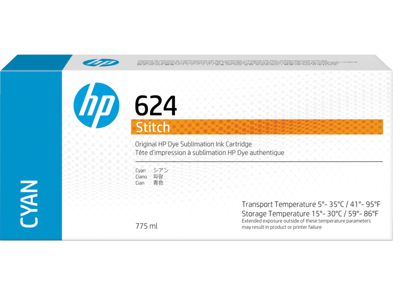 HP 624 775-ml Cyan Stitch Dye Sublimation Ink Cartridge (2LL54A)