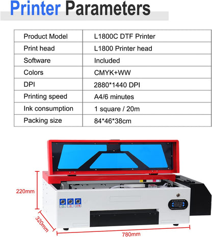 DTF L1800 Transfer Printer with Roll Feeder, Direct to Film Print Preheating A3 DTF Printer for DIY Print T-Shirts, Hoodie, Fabrics (A3 DTF Printer + Oven)