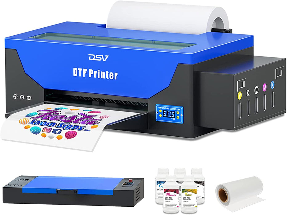 DSV L1800 DTF Transfer Printer with Roll Feeder Built-in White Ink Circulation System A3 DTF Printer for DIY Print Dark and Light Fabrics (DTF Printer +Oven+ 5 x 250ml Ink+100m PET Film)