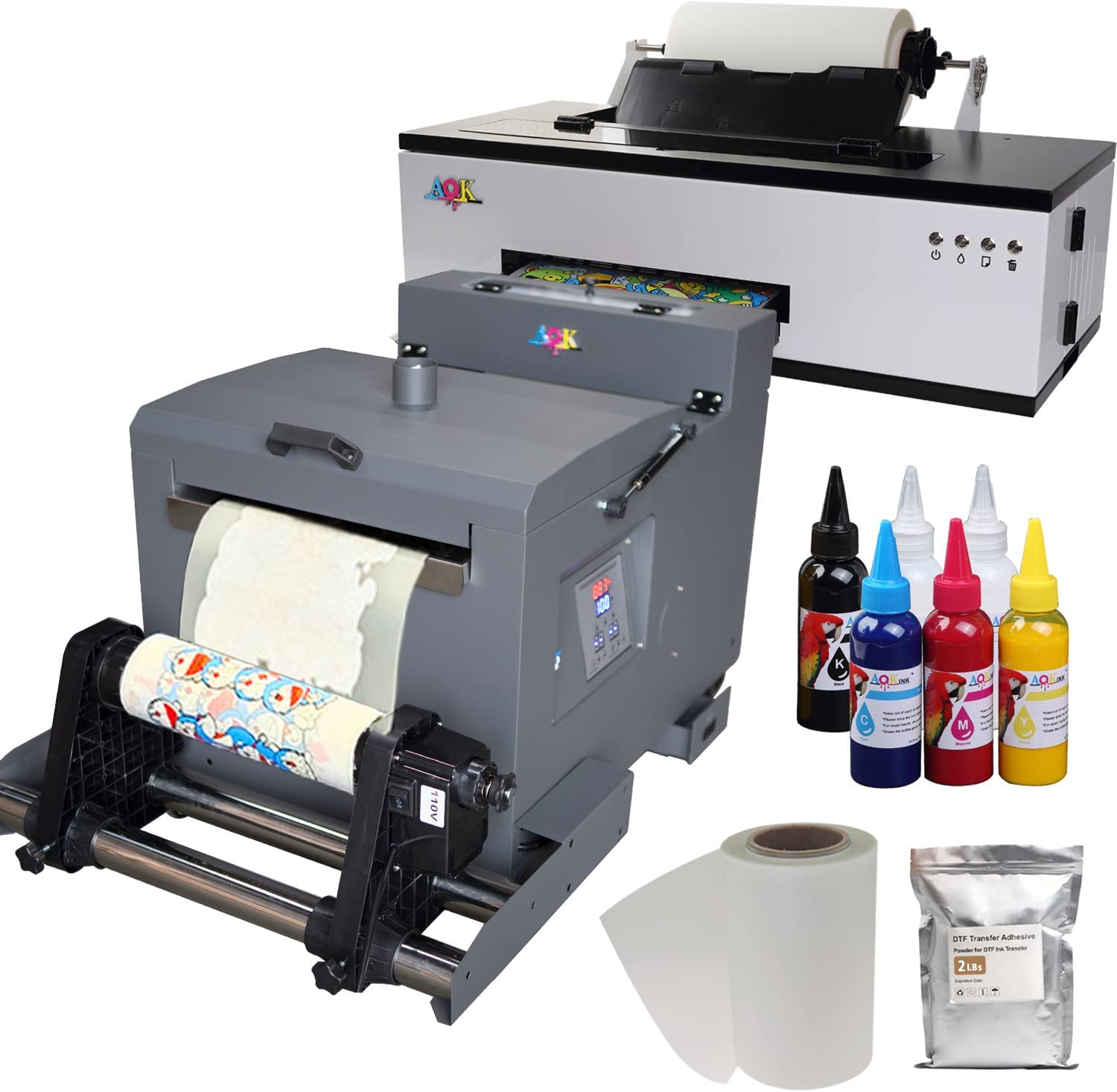 A3 Continuous DTF Printer &amp; Powder Shaker Dryer White Ink Stirring System L1800 for Fabrics, Leather, Toys, Swimwear, Handicrafts, T Shirt, Other (6X 100ml Ink+1roll Film+Powder)