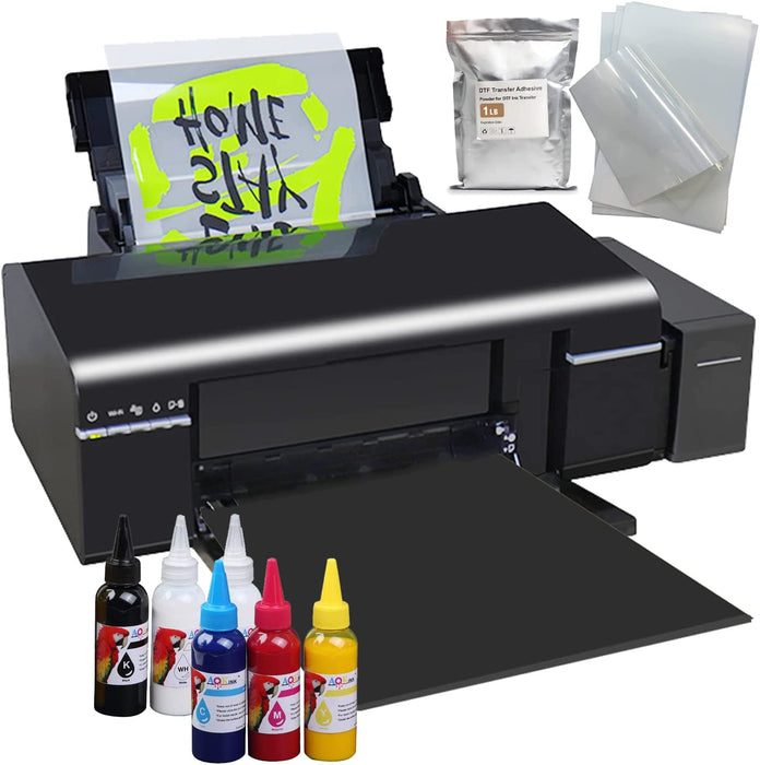 A4 L805 DTF T-Shirts Printer Machine for Fabrics, Leather, Toys, Swimwear, Handicrafts, T Shirt, Pillow, Other Textile.(DTF Printer + 6X 100ml Ink+100pcs PET Film) - Black