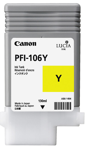 Canon PFI-106Y Yellow Ink Tank (130ml) for imagePROGRAF iPF6300, iPF6300S, iPF6350, iPF6400, iPF6400S, iPF6450 - 6624B001AA