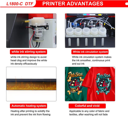 DSV DTF Printer A3 L1800 Transfer Printer Machine Built-in White Ink Circulation System for Dark/Light T-Shirts, Hoodie,Pillow,Different Fabrics (DTF Printer + 5 x 250ml Ink+100pcs PET Film)