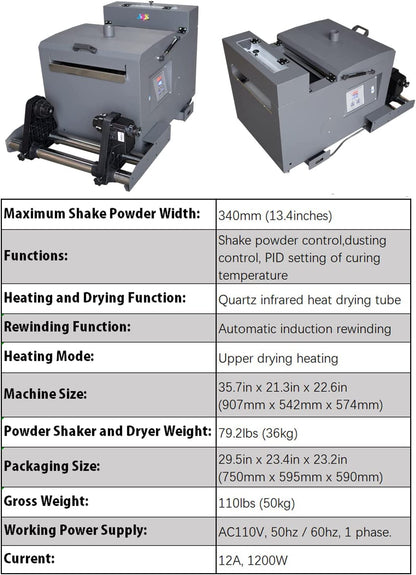 A3 Continuous DTF Printer &amp; Powder Shaker Dryer White Ink Stirring System L1800 for Fabrics, Leather, Toys, Swimwear, Handicrafts, T Shirt, Other (6X 100ml Ink+1roll Film+Powder)