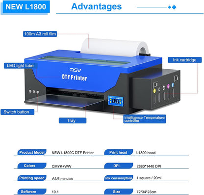 DSV L1800 DTF Transfer Printer with Roll Feeder Built-in White Ink Circulation System A3 DTF Printer for DIY Print Dark and Light Fabrics (DTF Printer +Oven+ 5 x 250ml Ink+100m PET Film)
