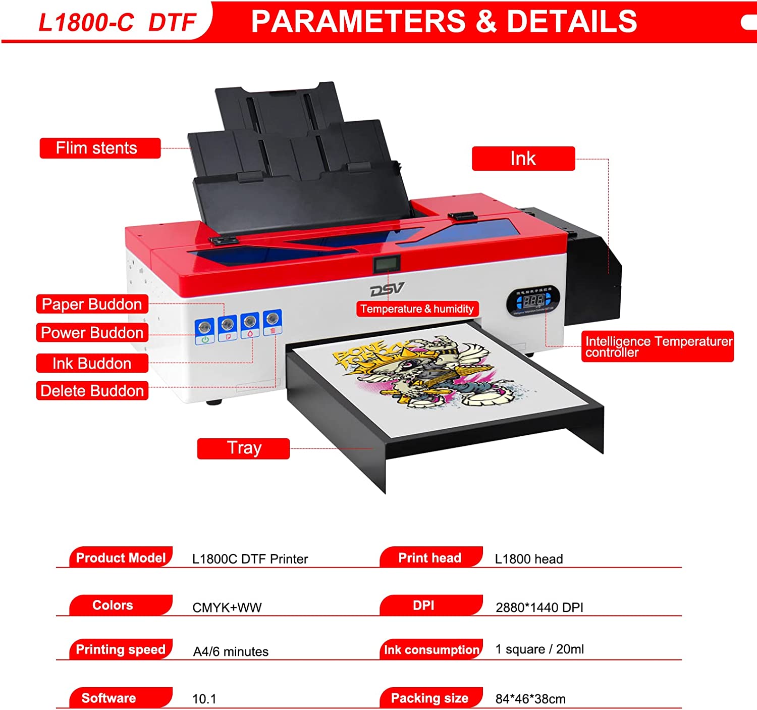DSV DTF Printer A3 L1800 Transfer Printer Machine Built-in White Ink Circulation System for Dark/Light T-Shirts, Hoodie,Pillow,Different Fabrics (DTF Printer + 5 x 250ml Ink+100pcs PET Film)