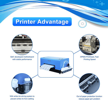 XP600 DTF Transfer Printer with Roll Feeder, A3 DTF Printer Machine for Fabric, T-Shirt, Pillow, Leather, Dark and Light Clothing (DTF Printer+Oven+5X 250ml Ink+PET Roll)
