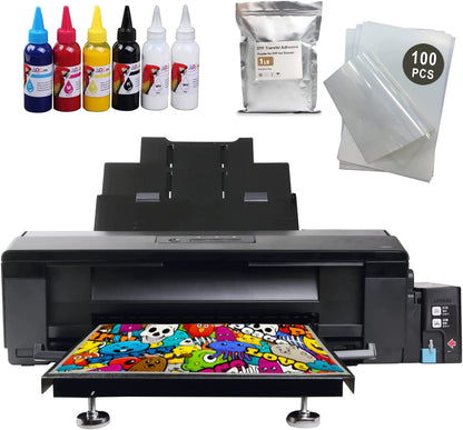 A3+ DTF T-Shirts L1800 Printer Machine for Fabrics, Leather, Toys, Swimwear, Handicrafts, T Shirt, Pillow, DIY Print (DTF Printer + 6X 100ml Ink+100pcs PET Film) - Black