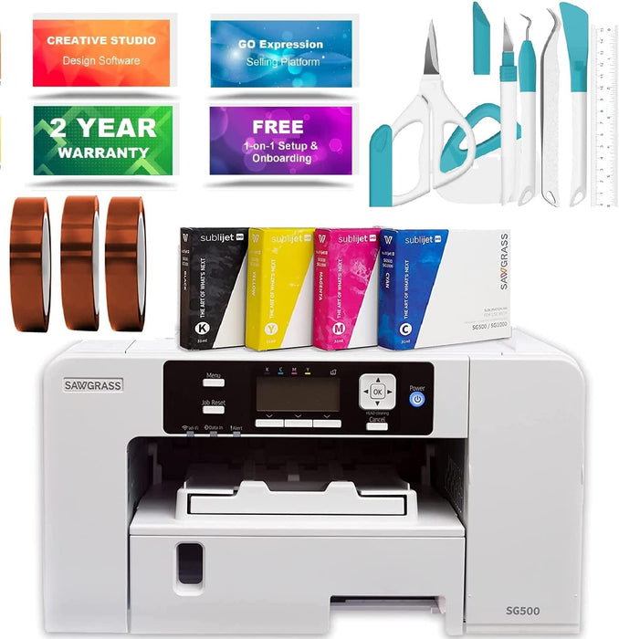 Sawgrass Virtuoso SG500 Printer - Starter Bundle with Sublimax Paper, Sublimation Inks, 3 Tapes, Printer Dust Cover & 7-Piece Craft Tool Set, White