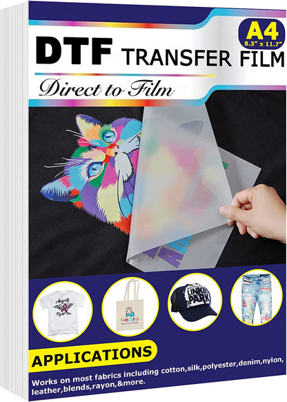 DTF Transfer Film (8.3" x 11.7") 50 Sheets PET Direct to Film Heat Transfer Paper for All DTF&amp;DTG Printer,Matte DTF Film for Sublimation Black White Light Dark Fabric T-Shirt