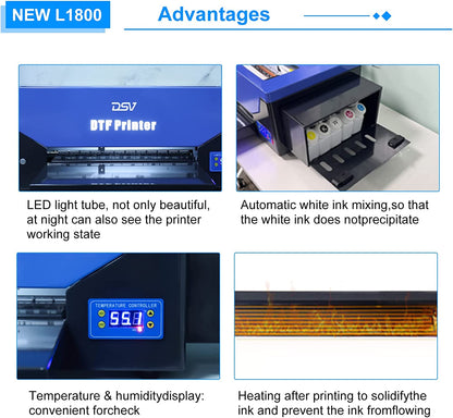 DSV L1800 DTF Transfer Printer with Roll Feeder Built-in White Ink Circulation System A3 DTF Printer for DIY Print Dark and Light Fabrics (DTF Printer +Oven+ 5 x 250ml Ink+100m PET Film)