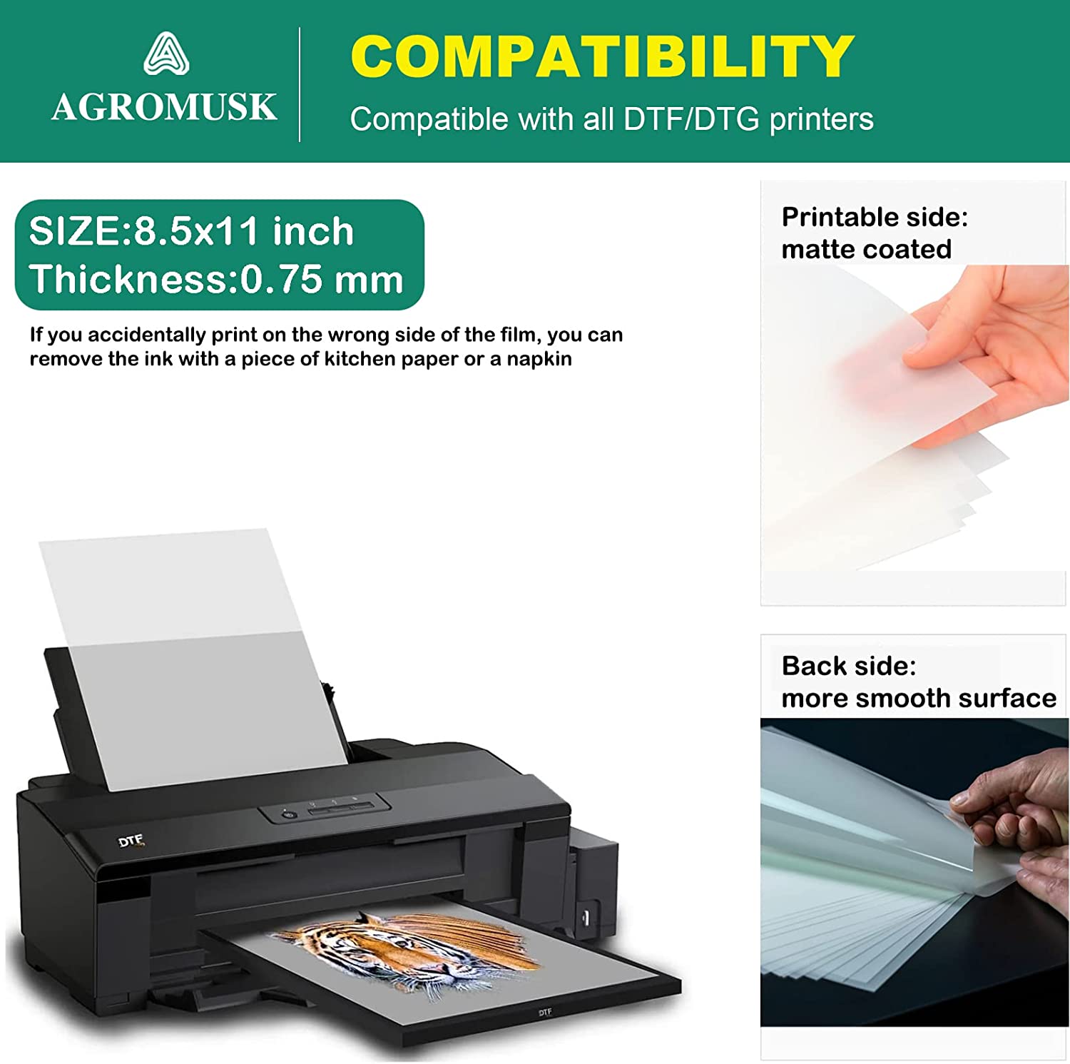 DTF Transfer Film (8.3" x 11.7") 50 Sheets PET Direct to Film Heat Transfer Paper for All DTF&amp;DTG Printer,Matte DTF Film for Sublimation Black White Light Dark Fabric T-Shirt