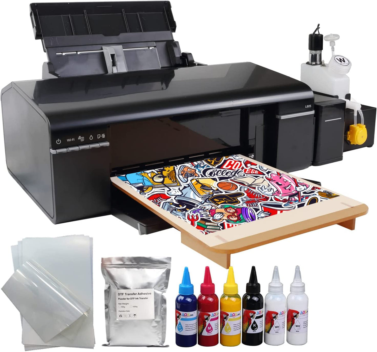 MZK DTF Printer A4 L805 Transfer Machine Built-in White Ink Circulation  System for T-Shirt Different Fabrics and Hoodies, Pillow (Printer + 5X  250ml