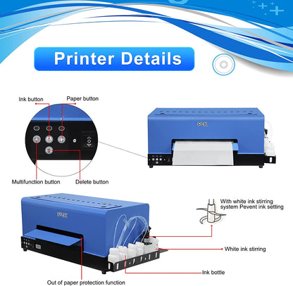 XP600 DTF Transfer Printer with Roll Feeder, A3 DTF Printer Machine for Fabric, T-Shirt, Pillow, Leather, Dark and Light Clothing (DTF Printer+Oven+5X 250ml Ink+PET Roll)