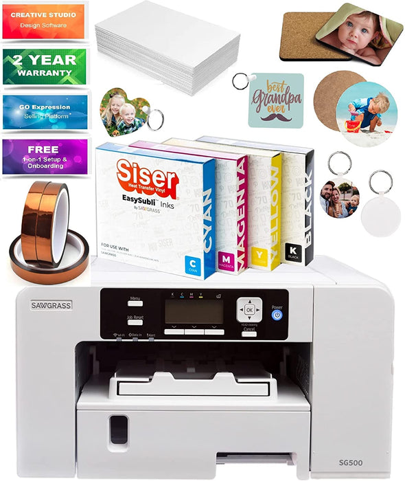 Sawgrass SG500 Sublimation Printer - Bundle with EASYSUBLI Inks, 220 Sheets Sublimax Paper, 3 Tapes, 10 Pieces Sublimation Blanks, Creative Studio Software (SG500 Easy Subli for Siser Users)
