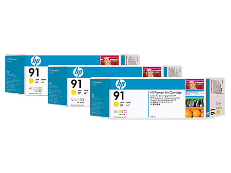 HP 91 3-pack 775-ml Yellow DesignJet Pigment Ink Cartridges - C9485A www.wideimagesolutions.com Parts and Inks 990.24